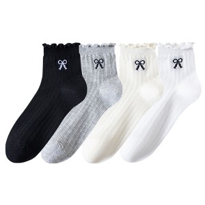 Anna-Kaci Women's 4-Pair Pack Sheer Ribbed Ankle Socks with Ruffled Trim and Embroidered Bow Detail in Multiple Color Combinations - 1 of 4