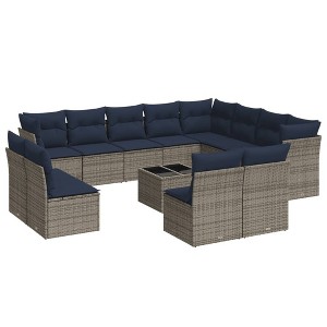 vidaXL Patio Sofa Set with Cushions 13 Piece, Sectional Sofa with Glass Table, Outdoor Conversation Set, Modern Style, Gray Poly Rattan - 1 of 4
