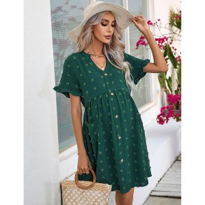 Womens Maternity Dress V Neck Lantern Sleeve Jacquard Dot Pocket Babydoll Baby Shower Dress - 1 of 4
