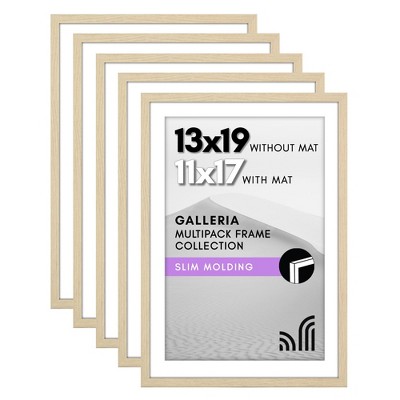 Americanflat 13x19 Picture Frame with Polished Plexiglass - Set of 5 - 11x17 with Mat or 13x19 Without Mat - Galleria - - Natural Oak