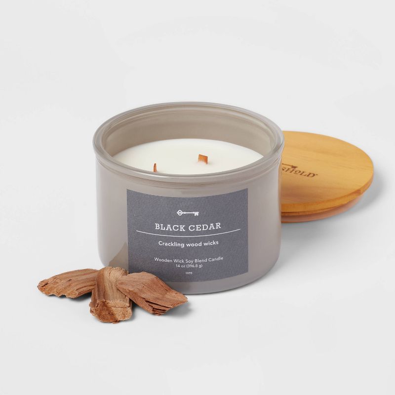 14oz Lidded Gray Glass Jar Crackling Wooden 3-Wick Candle with Paper Label Black Cedar - Threshold&#8482;, 4 of 5