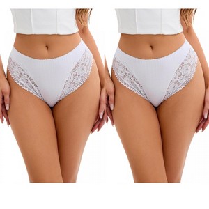 INSPIRE CHIC 2 Pcs Women's Plus Size Lace Trim Mid-Waisted Thongs Underwear - 1 of 4