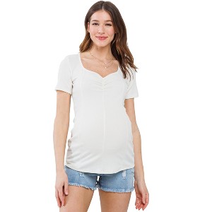 Hello Miz Women's Ribbed Short Sleeve Sweetheart Neck Maternity Top - 1 of 4