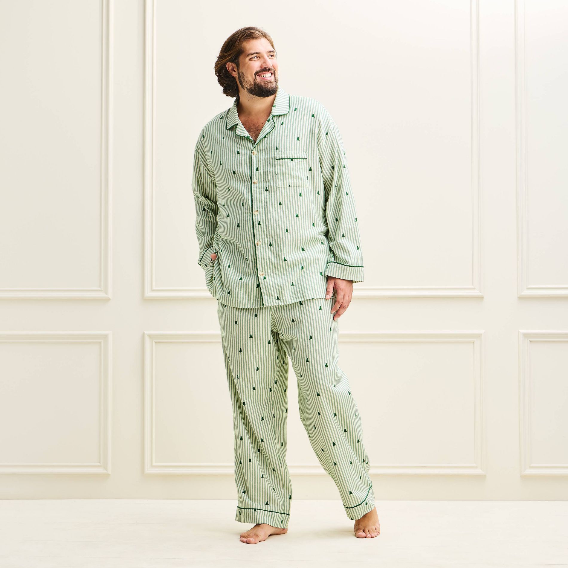 Men's Holiday Tree Striped Flannel Matching Family Pajama Set - Wondershop™ Green