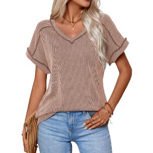 BLUEMING Womens T-shirts Knit V Neck Cap Sleeve Ribbed Tops Loose Fit Comfy Blouses Trendy Casual Outfits - 1 of 4