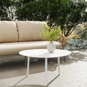 POVISON 28" White Metal Outdoor Round Coffee Table, Weather Resistant Coffee Table for Deck Porch Balcony Backyard Garden - 1 of 4