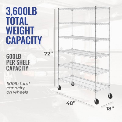 Versatile 6-Tier Zinc-Plated Steel Wire Shelving Unit with Wheels, 48x18x72