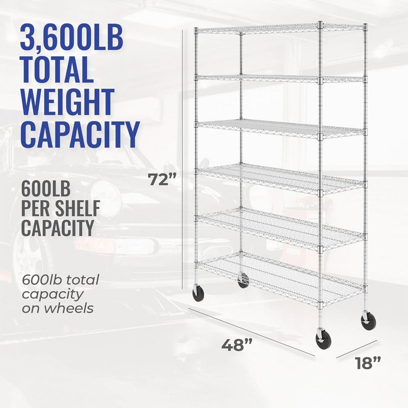 SafeRacks 6 Tiered Storage Shelves with Heavy Duty Steel Wire Shelving Unit, Wheels, and Adjustable Feet for Pantry Shelf or Garage, White, 2 of 7