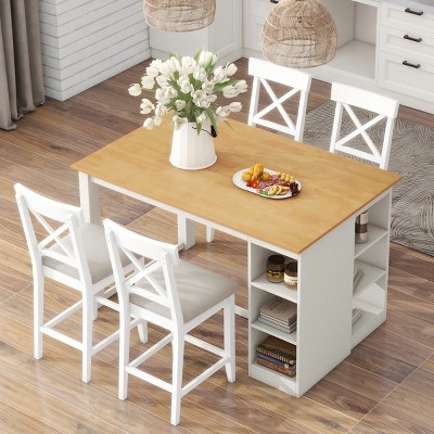 Wood Dining Table Set 5-Piece with 3-Tier Storage Shelves,4 Upholstered Dining Chairs-Maison Boucle