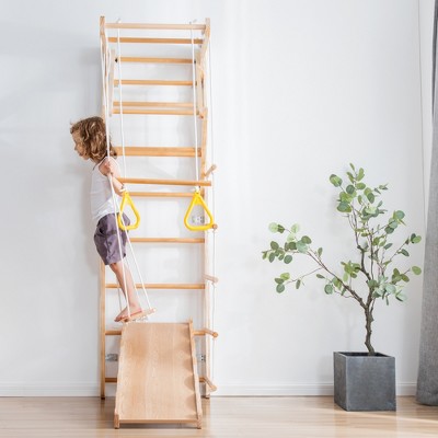 7-in-1 Jungle Gym for Toddlers, Indoor Climber Playset with Plate Swing Slide Rings, Wall Mouted Wooden Play Gym for Boys Girls Birthday Gifts