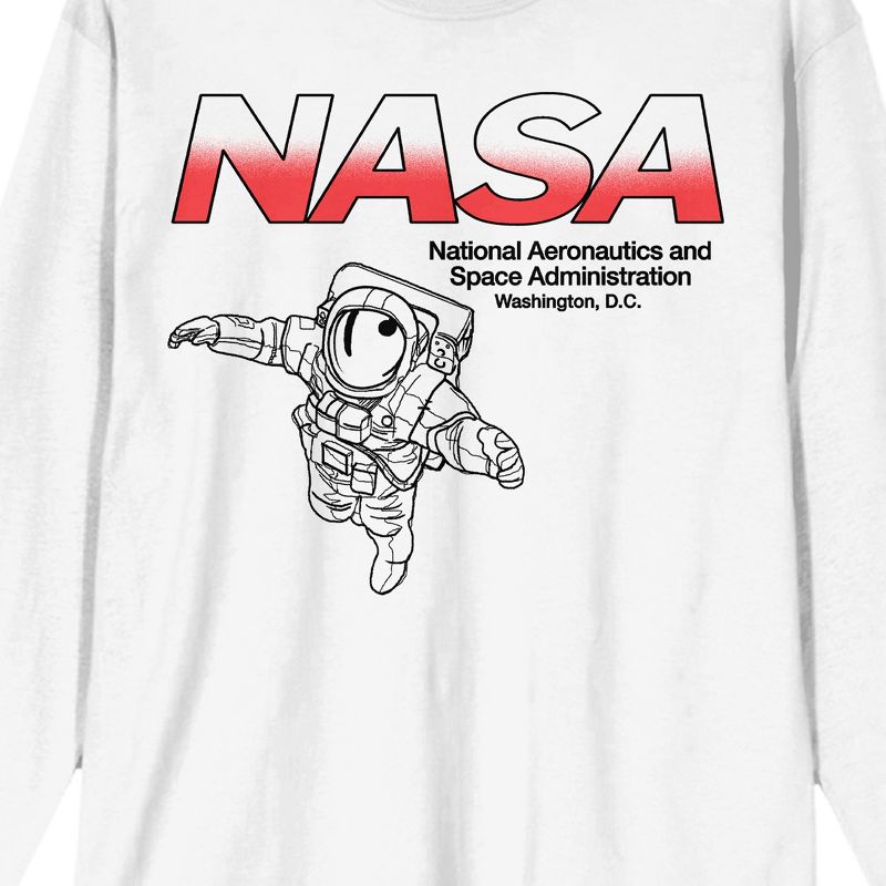 NASA Red and White Logo With Astronaut Men's White Crew Neck Long Sleeve Graphic Tee, 2 of 4