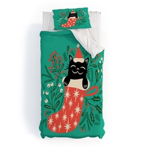 Deny Designs Twin/ Twin Extra Long Carriecantwell Festive Feline Duvet Cover and Pillow Sham Green - 1 of 4