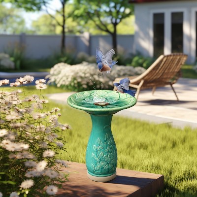 Aqua Green Ceramic Flower Carved Birdbath, 22-Inch Tall