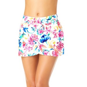 Women's Watercolor Paisley Drape Front Mid Rise Swim Skirt Bottom - 1 of 4