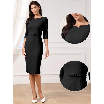 Женские платья INSPIRE CHIC Women's 3/4 Sleeve Boat Split Neck Elegant Belted Casual Sheath Midi Dresses Medium Black — фото 2
