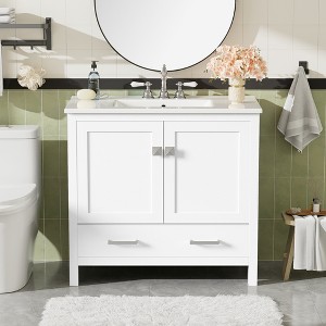 36" Bathroom Vanity with Ceramic Sink, Soft-Close Doors, Storage Shelves & Divided Drawer, Modern Bathroom Cabinet, White/Black - ModernLuxe - 1 of 4