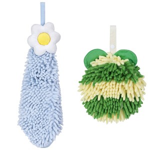 REGALWOVEN Soft Absorbent Cute Fuzzy Hanging Decorative Bathroom Chenille Hand Towel 6" x 15"/7" x 7" 2 Packs - 1 of 4
