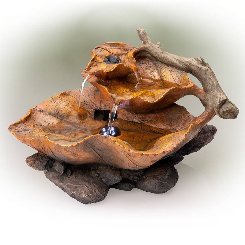 9&#34; Resin Indoor Tabletop Tiered Leaf Fountain with LED Lights Brown - Alpine Corporation, 1 of 7
