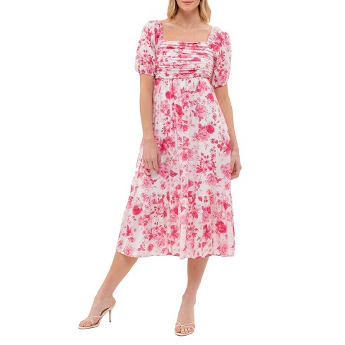 August Sky Women's Floral Puff Sleeve Pleated Front Midi Dress, Small, Pink  Multi : Target