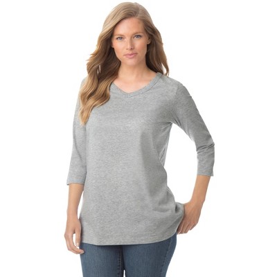 Woman Within Plus Size Perfect Three-Quarter Sleeve V-Neck Tee