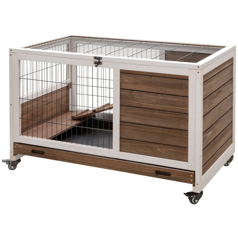 PawHut Wooden Rabbit Hutch Indoor Elevated Cage Habitat with No Leak Tray Enclosed Run with Wheels, Ideal for Rabbits and Guinea Pigs, 4 of 7