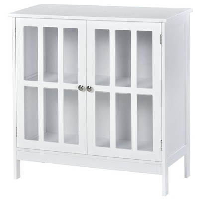Yukimo 31.5" White Buffet Sideboard Cabinet with 2 Transparent Doors, Dining Room Credenza with Two-Tier Shelves for Kitchen and Hallway Storage