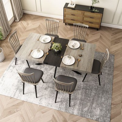 Retro Rectangular Stretch Dining Table for 6 People, Antique Wood Top and Black Relief Plate, CENGHU Rect Table With Storage Box