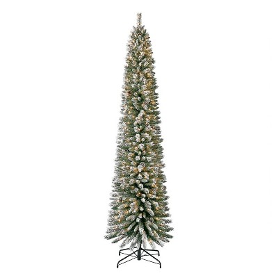 Home Heritage 9 Foot Lowell Snow Flocked Pencil Pine Prelit Decorative Artificial Christmas Tree with Pinecones, Clear White Lights, and Metal Stand