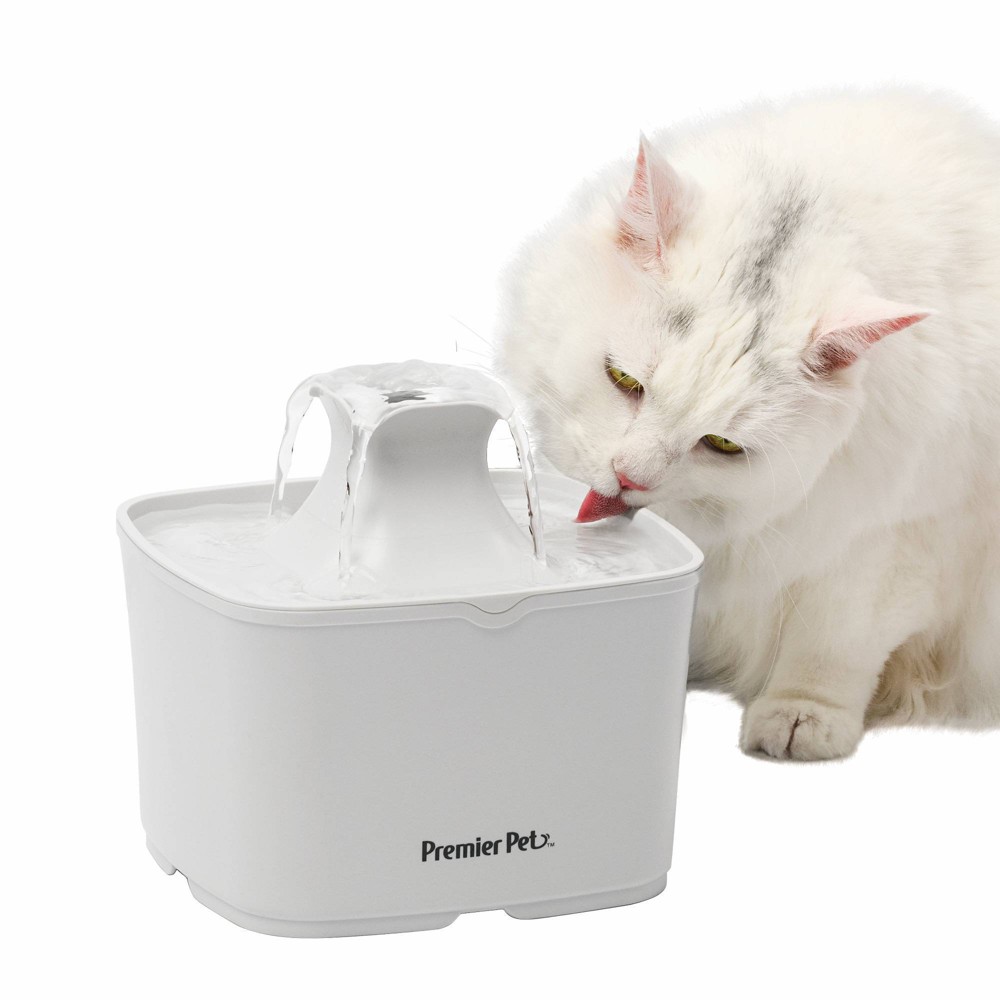 Premier Pet 60 oz. Pet Fountain- Automatic water fountain for cats & small dogs, fresh, filtered water, promotes hydration, adjustable water flow, sleek, compact, easy to clean, filters included