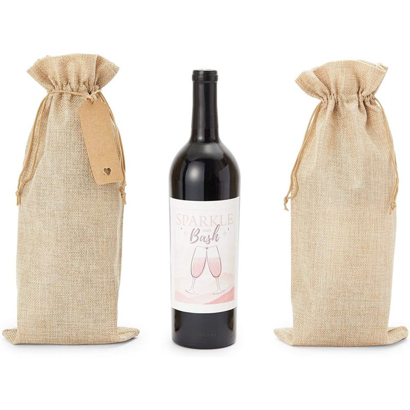 Sparkle and Bash 12 Pack Burlap Wine Bags with Drawstring & Tags, Reusable Bottle Covers for Party Favor, 14 x 6 in, 3 of 9