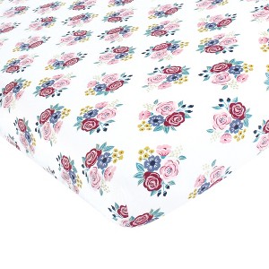 Hudson Baby Infant Girls Cotton Fitted Crib Sheet, Blush Navy Floral, One Size - 1 of 2