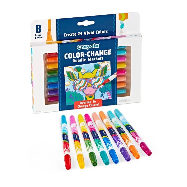 A set of eight dual-ended Crayola Color-Change Doodle Markers in various colors, with packaging that reads "Create 24 Vivid Colors" and "Overlap To Change Colors!"