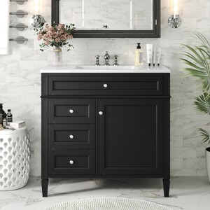Vynxaria Bathroom Vanity with Ceramic Sink (4" Faucet Fit) 3 Drawers and Cabinet, Door Organizer, Roman Legs, Soft-Close - 1 of 4