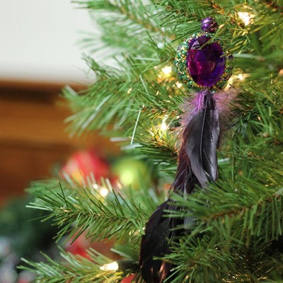 Purple Jewel Hanging Tassel Christmas Ornament with Faux Feathers