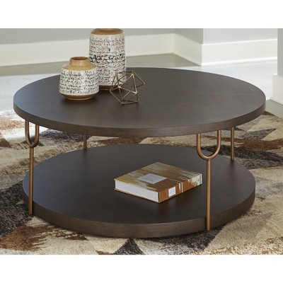 Round Espresso Brown Wood and Gold Metal Coffee Table