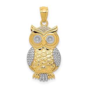 Black Bow Jewelry 14k Yellow Gold and White Rhodium Owl Pendant, 12mm (7/16 inch) - 1 of 4