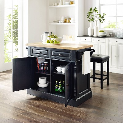 Oxford Black Butcher Block Kitchen Island with Cushioned Stools