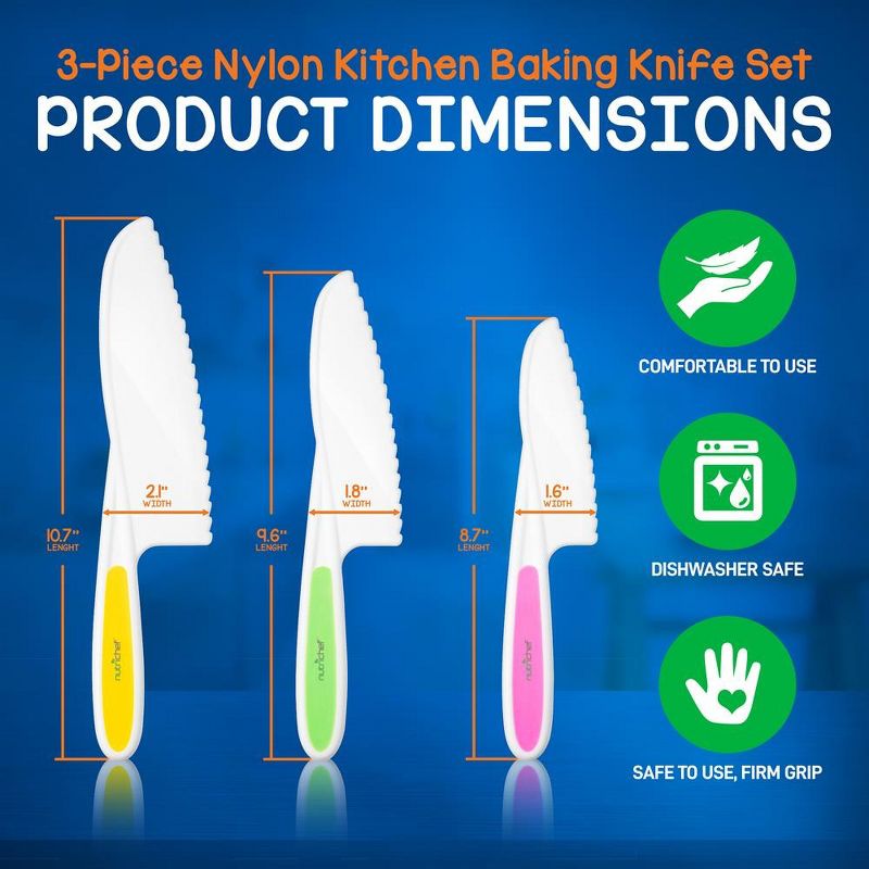 NutriChef 3-Piece Nylon Kitchen Baking Knife Set - Children's Cooking Knives, Serrated Edges, BPA-Free Kids' Knives, 2 of 4