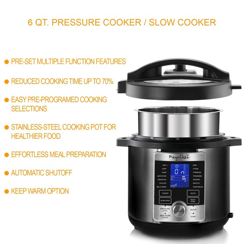 MegaChef 6 Quart Stainless Steel Electric Digital Pressure Cooker with Lid, 4 of 11