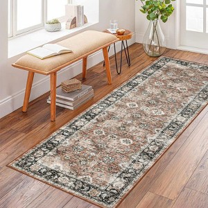 Area Rug, Home Decor Washable Vintage Distressed Floral Rug - Non-Slip Ultra-Thin (0.2in) Stain Resistant Carpet - 1 of 4