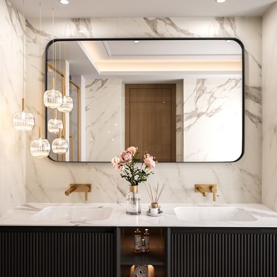 Tempered Glass Rounded Rectangle Framed Wall-Mounted Bathroom Vanity Mirror