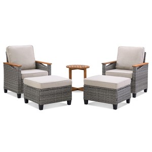 Buenhomino 5-Piece Outdoor Wicker Chair Set – 2 Lounge Chairs, 2 Ottomans & Side Table with Cushions, Weather-Resistant PE Rattan Patio Seating - 1 of 4