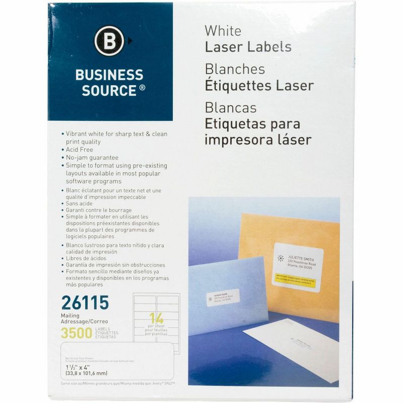Business Source Mailing Labels Laser 1-1/3"x4" 3500/PK White 26115, 1 of 2