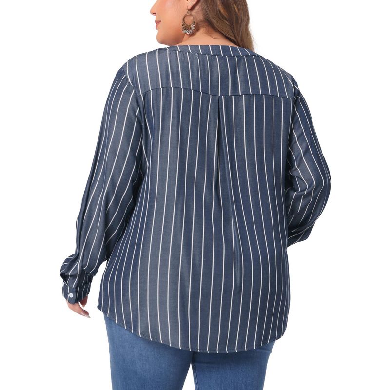 Agnes Orinda Women's Plus Size V Neck Striped Long Sleeve Button Down Blouses, 4 of 5