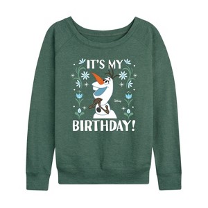 Women's - Disney - Olaf It's My Birthday Lightweight French Terry Wide Neck Long Sleeve Shirt - 1 of 4