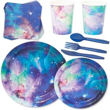 Blue Panda 168 Pieces Galaxy Party Supplies with Paper Plates, Napkins, Cups, and Cutlery for Outer Space Birthday Party Decorations, Serves 24