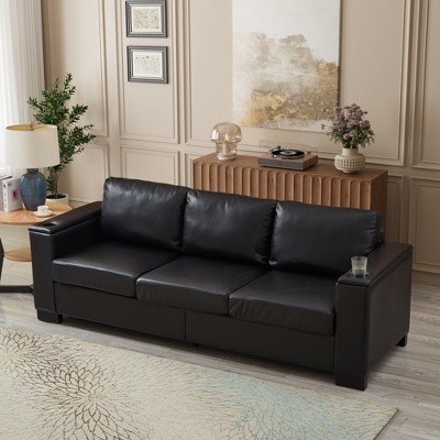 93.7'' PU Leather Upholstered 3-Seater Sofa with Square Arms, Cup Holder, and Hidden Storage