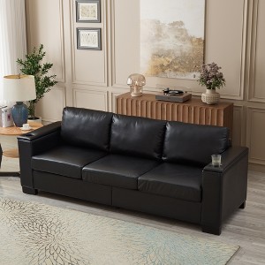 93.7'' PU Leather Upholstered 3-Seater Sofa with Square Arms, Cup Holder, and Hidden Storage - 1 of 4