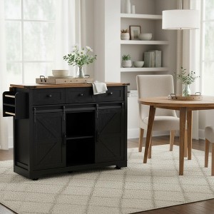 Homy Casa Kitchen Island Cart with Power Outlet, Sliding Barn Doors & Storage Drawers, Black - 1 of 4