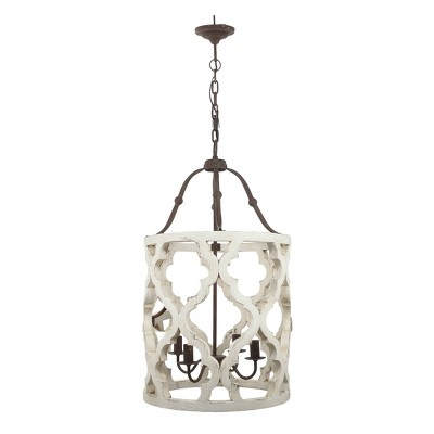 Jolette Distressed White Wood Drum Chandelier with Metal Accents